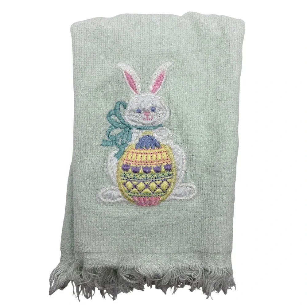 Vtg Easter Bunny Embroidered‎ Hand Towel Light Mint Green Fringed Spring Decor